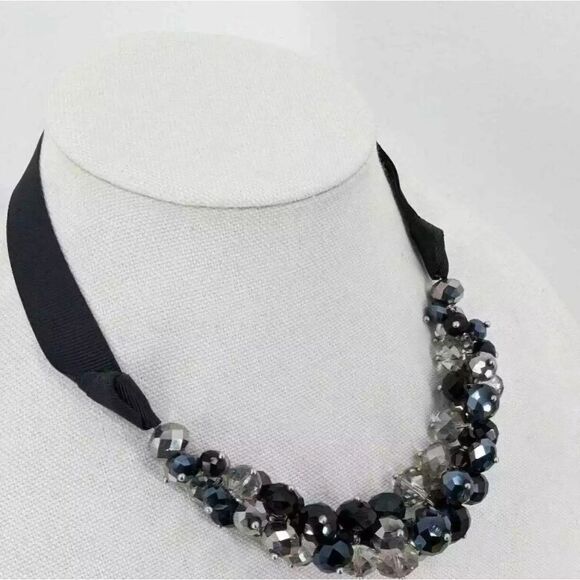Ali-Kahn N.Y. Crystal Cluster Bead Necklace Black Silver Clear Ribbon Adjustable - Picture 6 of 10